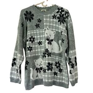 Classic Essentials knit kitty cat floral sweater plaid ugly sweater grandpa XL